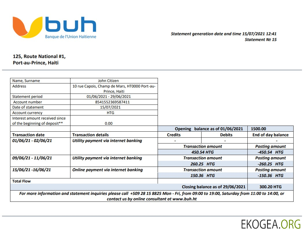 Relevé bancaire Haïti BUH